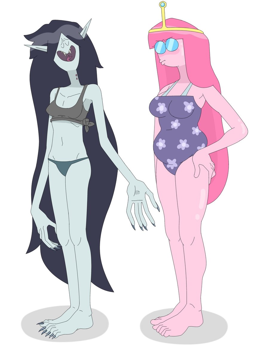 bikini bikini_bottom black_hair bottomwear breasts candy clothed clothing crown dessert duo eyewear fangs feet female female/female fingernails floral_print food food_hair forked_tongue grey_body grey_clothing grey_shirt grey_skin grey_tank_top grey_topwear hair hand_on_hip headgear humanoid_pointy_ears long_fingernails long_hair long_toenails nails one-piece_swimsuit open_mouth pink_body pink_hair pink_skin pointy_ears pseudo_hair purple_one-piece_swimsuit shirt simple_background slightly_chubby sunglasses swimwear tank_top teeth tied_shirt toenails toes tongue topwear two-piece_swimsuit white_background peeppepi adventure_time cartoon_network marceline_abadeer princess_bubblegum candy_people_(at) food_creature half_demon humanoid living_candy vampire 2021 hi_res