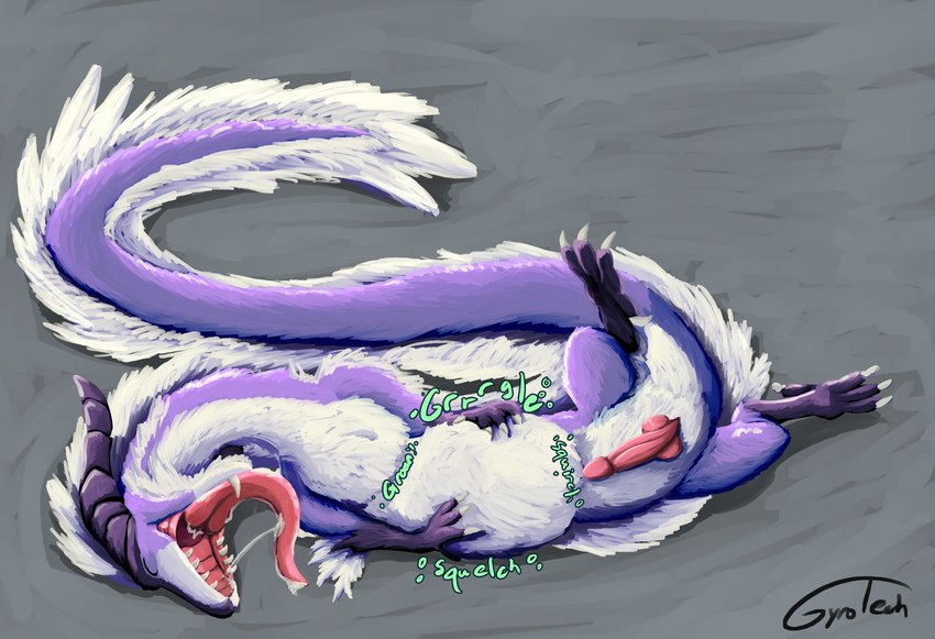 abdominal_bulge bodily_fluids countershading digestion drooling eyes_closed genitals male mouth_shot open_mouth penis purple_body saliva tongue tongue_out vore white_body gyrotech mythology alrakis_(volp) dragon mythological_creature mythological_scalie scalie absurd_res digital_media_(artwork) hi_res