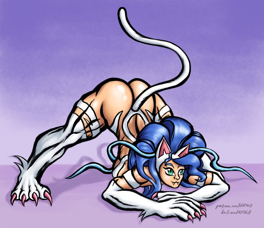 ass_up blue_hair butt claws fangs feline_ears feline_tail female fur green_eyes hair jack-o'_pose muscular muscular_female pink_claws pose purple_background simple_background solo teeth text thick_thighs white_body white_fur nsfwulf capcom darkstalkers ko-fi patreon felicia_(darkstalkers) animal_humanoid felid felid_humanoid feline feline_humanoid humanoid mammal mammal_humanoid absurd_res hi_res url