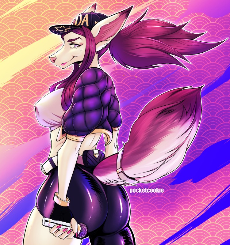 anthro breasts butt clothed clothing electronics female looking_back microphone solo pocketcookie kda league_of_legends riot_games tencent akali_(lol) canid canine fox mammal hi_res