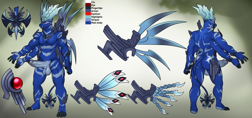 3_toes 4_arms 5_fingers abs anthro armor balls big_penis blade blue_body blue_nose butt eyeliner fangs feathered_wings feathers feet fingers front_view gem genitals humanoid_genitalia humanoid_penis makeup male markings multi_arm multi_limb penis rear_view red_eyes solo tail tail_blade teeth text toes weapon_tail wings franubis disney spectrobes felid leopard mammal pantherine rydrake spectrobe absurd_res english_text hi_res model_sheet