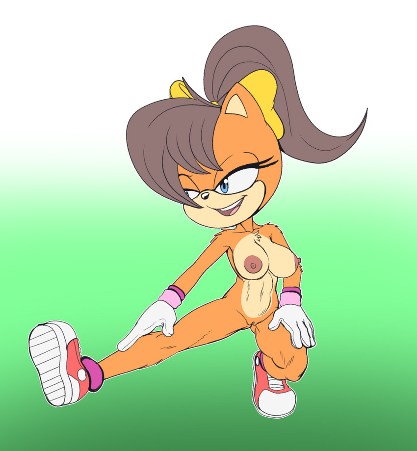 anthro athletic athletic_female belly breasts brown_hair brown_nipples butt clothing female footwear fur gloves hair hand_on_leg handwear medium_breasts mostly_nude nipples orange_body orange_fur shoes slim_female small_butt solo stretching tan_belly fourssss sega sonic_the_hedgehog_(series) sonic_x-treme tiara_boobowski domestic_cat felid feline felis mammal manx hi_res