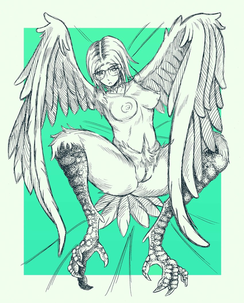 areola avian_feet big_feet blush blush_lines chain_collar claws clitoral_hood clitoris collar collar_only feathered_wings feathers feet female genitals green_background knee_tuft leg_tuft nipples nude pubes simple_background solo spiked_collar spikes tail tail_feathers tuft winged_arms wings bonnie_guerra european_mythology greek_mythology mythology avian harpy humanoid mythological_avian mythological_creature hi_res restricted_palette