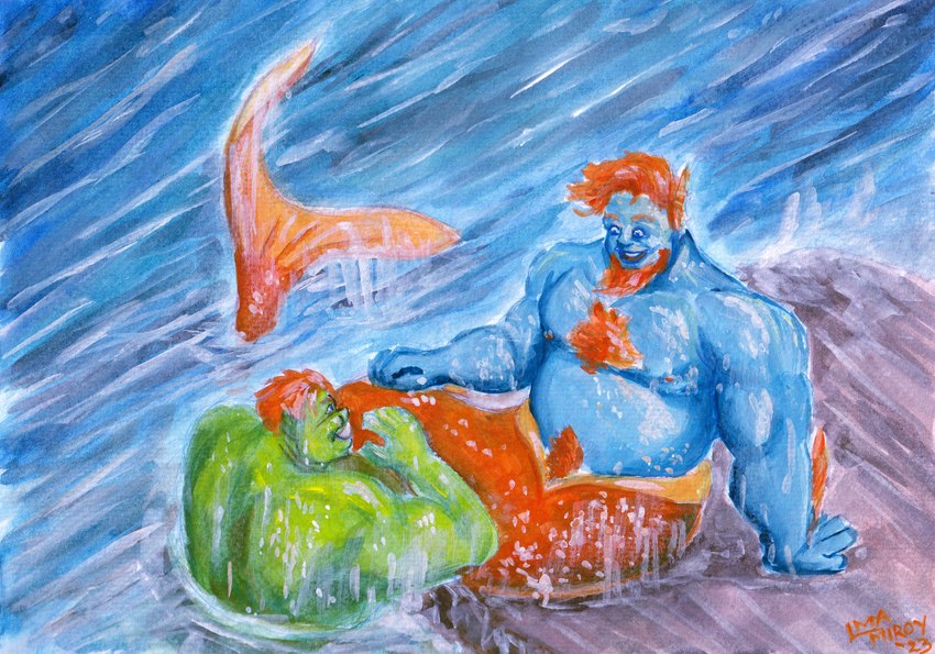 blue_body blue_skin body_hair chest_hair duo green_body green_skin hair male musclegut muscular orange_tail red_hair rock scar smile smiling_at_another smiling_at_each_other split_form tail tusks water wet alexyorim humanoid marine merfolk orc gouache_(artwork) hi_res painting_(artwork) restricted_palette traditional_media_(artwork)