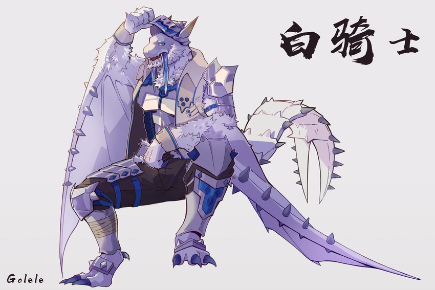 anthro armor blue_eyes clothing fangs headgear helmet ice looking_at_viewer male membrane_(anatomy) membranous_wings sitting smile solo spikes spikes_(anatomy) tail teeth wing_spikes wings capcom european_mythology monster_hunter mythology barioth dragon flying_wyvern mythological_creature mythological_scalie pseudowyvern scalie western_dragon wyvern hi_res