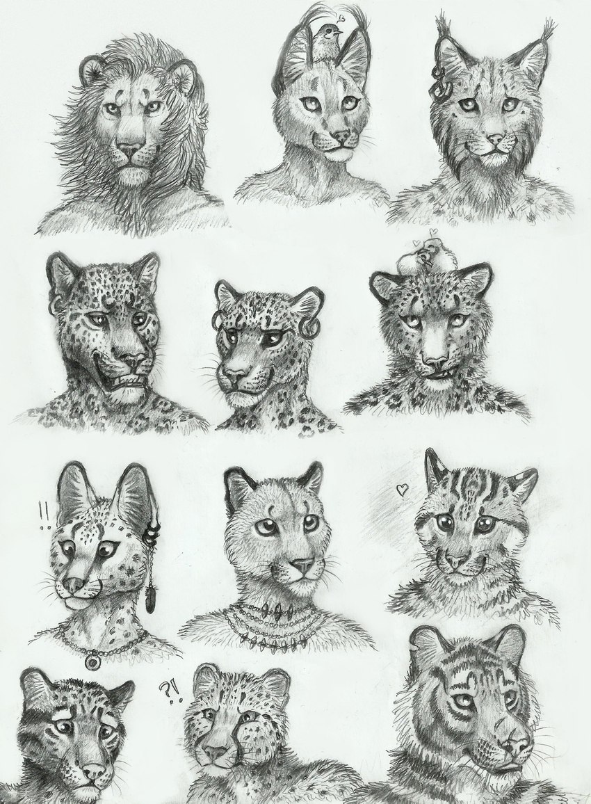 ambiguous_gender anthro duo exclamation_point female feral fur group inner_ear_fluff interrobang male mane scar smile solo striped_body striped_fur stripes trio tuft whiskers hunterbeinghunted cc-by-nc-nd creative_commons avian bird caracal caracal_(genus) cheetah clouded_leopard cougar felid feline fishing_cat jaguar leopard lion lynx mammal pantherine prionailurus serval snow_leopard tiger absurd_res hi_res monochrome multiple_images