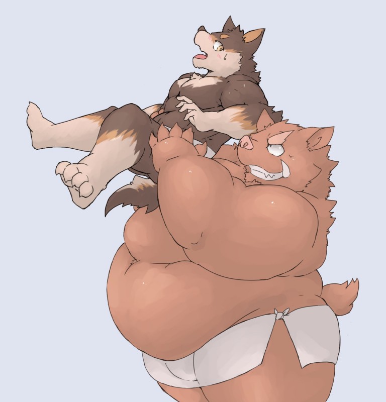 anthro belly blush brown_body brown_fur duo fur humanoid_hands male obese obese_male overweight overweight_male simple_background gabu2929 canid canine canis domestic_dog mammal suid suina sus_(pig) wild_boar 2019 hi_res