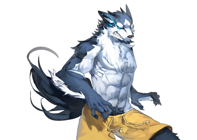 abs anthro biceps big_muscles biped black_body black_fur blue_body blue_eyes blue_fur body_hair bottomwear chest_tuft claws clenched_teeth clothed clothing fangs fantasy fluffy fluffy_tail fur glowing glowing_eyes hair happy_trail jaws kemono magic male muscular muscular_anthro muscular_male pecs pose shorts simple_background solo standing tail teeth topless tuft white_background white_body white_fur nviek5 canid canine canis mammal wolf