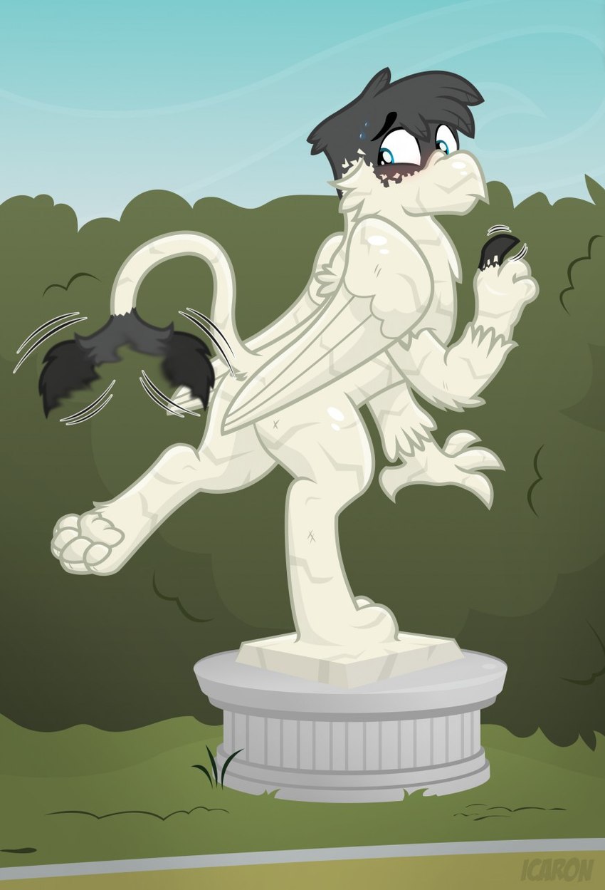 beak black_tail_tuft blue_eyes bodily_fluids canterlot feathered_wings feathers feet feral grass grey_body grey_feathers grey_pawpads hedge hindpaw inanimate_transformation looking_back male marble mid_transformation motion_blur motion_lines on_one_leg outside pawpads paws pedestal petrification plant plinth rock shrub solo standing statufication sweat sweatdrop tail tail_motion tail_tuft tailwag talon_hands transformation tuft wings icaron hasbro my_little_pony mythology flick_(alsoflick) avian gryphon mythological_avian mythological_creature hi_res watermark