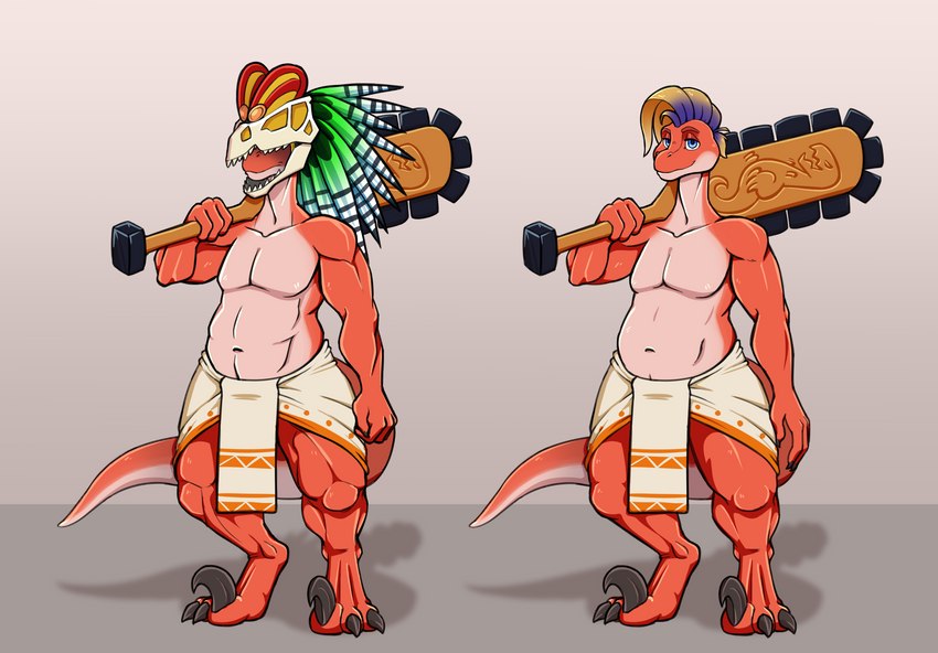 anthro armor barazoku belly belly_folds belly_overhang blue_eyes bottomwear claws clothing digitigrade headgear helmet holding_macuahuitl holding_melee_weapon holding_object holding_weapon loincloth macuahuitl male melee_weapon muscular muscular_male solo tail toe_claws weapon digitalkaiju dinosaurs_inc. dinozon_fury patrick_highclaw dinosaur prehistoric_species reptile scalie stenonychosaurus theropod troodon troodontid absurd_res hi_res