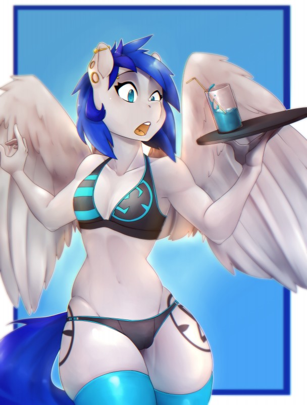 5_fingers anthro beverage bikini blue_eyes blue_hair clothed clothing ear_piercing eyelashes feathered_wings feathers female fingers hair lingerie midriff navel open_mouth piercing solo standing swimwear teeth thick_thighs tongue tray two-piece_swimsuit white_body white_feathers white_skin wide_hips wings suelix hasbro my_little_pony mythology fan_character sapphire_(ralek) equid equine mammal mythological_creature mythological_equine pegasus absurd_res digital_media_(artwork) digital_painting_(artwork) hi_res