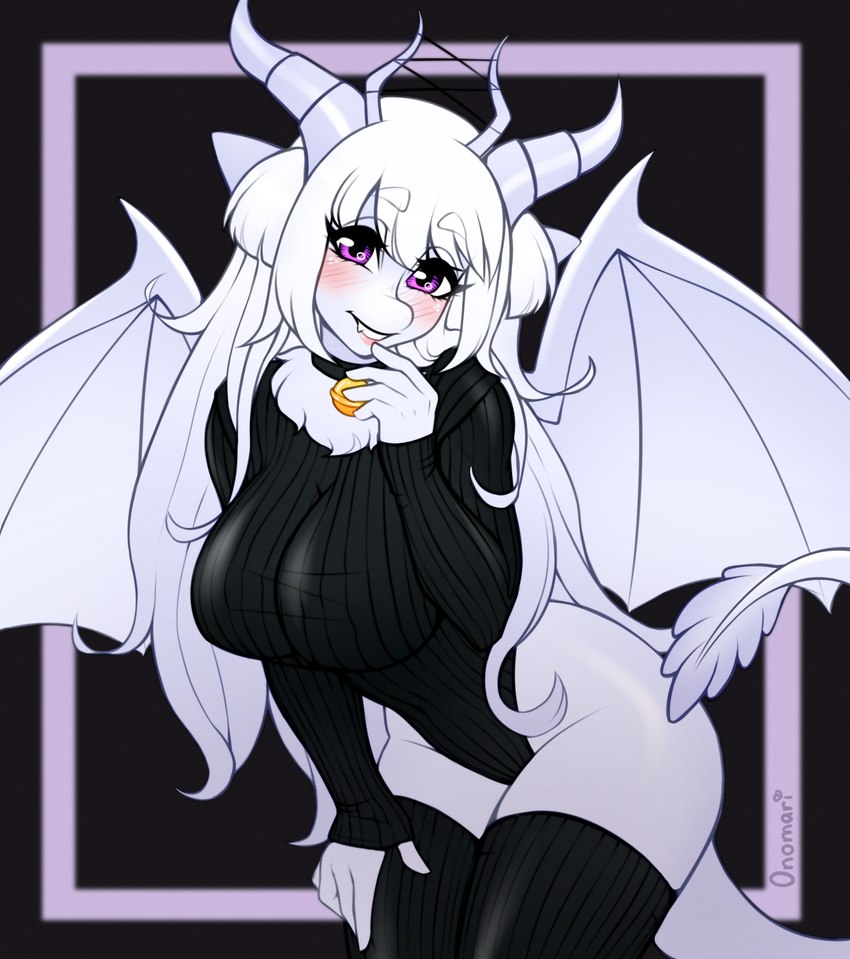 anthro bangs bell bell_collar biped black_clothing black_collar black_legwear black_thigh_highs blush breasts clothed clothing collar eyebrow_through_hair eyebrows female finger_to_mouth hair horn legwear long_hair membrane_(anatomy) membranous_wings purple_eyes solo standing tail thigh_highs translucent translucent_hair white_hair wings onomari mythology dragon mythological_creature mythological_scalie scalie 2022 absurd_res digital_media_(artwork) hi_res shaded