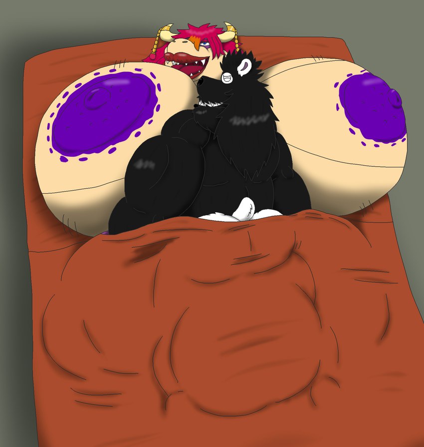 anthro balls bed_sex big_balls big_breasts big_butt black_body black_fur bouncing_breasts breasts butt duo female from_front_position fur genitals highlights_(coloring) huge_balls huge_breasts hyper hyper_balls hyper_breasts hyper_genitalia jewelry lying magenta_hair male male/female missionary_position morbidly_obese muscular muscular_male obese on_back orange_highlights overweight overweight_female sex alythewolfcat mario_bros nintendo aoi_hikawa lucas_mcfist bear giant_panda koopa mammal scalie hi_res