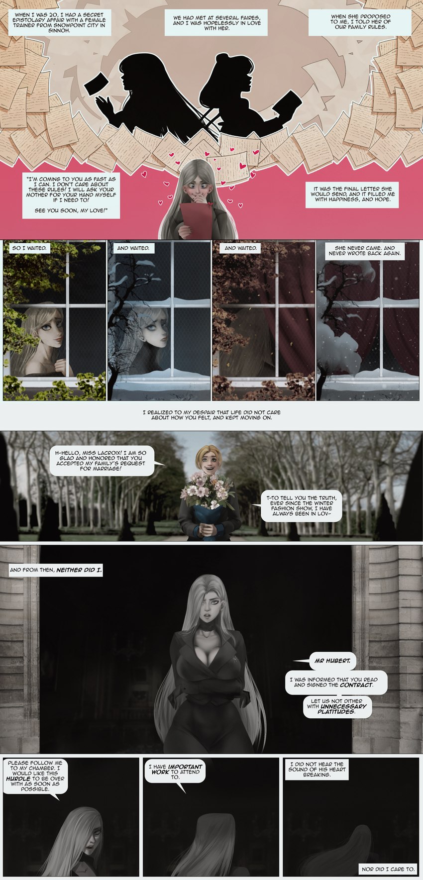 big_breasts blonde_hair bouquet breasts cleavage clothed clothing female flower flower_bouquet greeting hair not_furry plant snow snowing text tree window thekite laure_(thekite) human mammal comic english_text hi_res