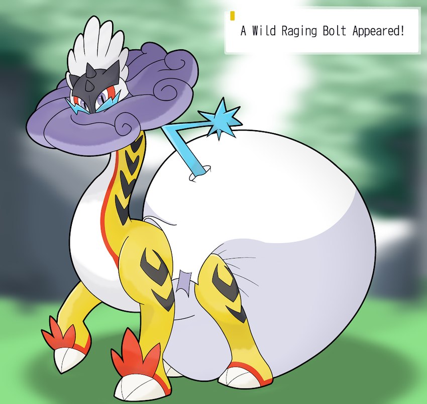 ambiguous_gender big_diaper blurred_background clothed clothing diaper feral fur huge_diaper long_neck looking_at_viewer purple_eyes solo text text_box wearing_diaper white_body white_fur yellow_body yellow_fur gl1tchedpup nintendo pokemon ancient_pokemon generation_9_pokemon paradox_pokemon pokemon_(species) raging_bolt english_text