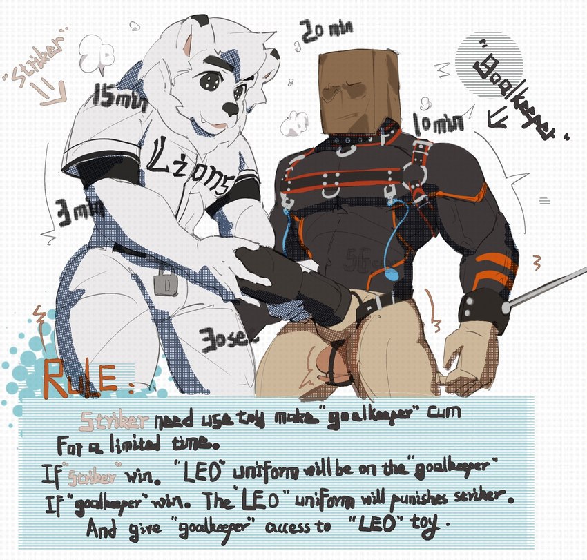 anthro barazoku biped chastity_bulge chastity_device clothing costume dominant dominant_anthro dominant_male duo forced forced_orgasm fursuit harness lock_bulge male male/male mascot muscular muscular_anthro muscular_dom muscular_human muscular_male muscular_sub orgasm paper_bag_mask penetrable_sex_toy restrained_arms sex_toy submissive submissive_anthro submissive_male text reykn nippon_professional_baseball saitama_seibu_lions leo_(saitama_seibu_lions) felid human lion mammal pantherine 2024 english_text hi_res