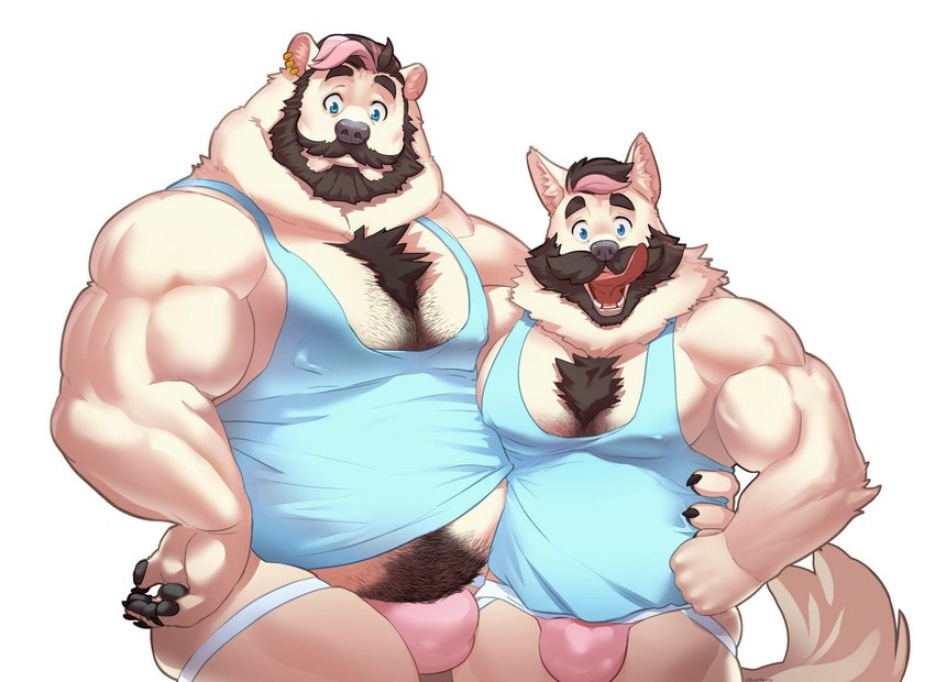 anthro arm_around_waist barazoku beard belly big_muscles big_pecs blue_eyes body_hair bulge chest_hair clothing duo ear_piercing facial_hair fur highlights_(coloring) hug jockstrap larger_male licking licking_lips looking_at_viewer male male/male musclegut muscular muscular_anthro muscular_male mustache pecs piercing pink_clothing pink_highlights pink_jockstrap pink_underwear pose pubes shirt simple_background size_difference smaller_male tank_top tongue tongue_out topwear underwear waist_grab white_body white_fur hugothecorgo vtuber barley_(barleytheburr) bear canid canine canis domestic_dog mammal polar_bear ursine digital_media_(artwork) pinup portrait three-quarter_portrait