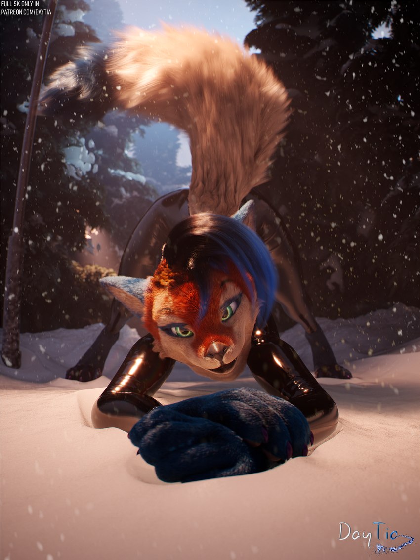 anthro ass_up blue_hair clothing detailed_background forest forest_background fur gloves green_eyes hair handwear jack-o'_pose latex latex_clothing latex_gloves latex_handwear latex_skinsuit looking_at_viewer male nature nature_background orange_body orange_fur outside paws plant pose posed skinsuit smile snow snowfall solo tail text tight_clothing tree warm_lighting white_body white_fur daytia c4d rexouium 3:4 3d_(artwork) cinema_4d_(artwork) digital_media_(artwork) hi_res url warm_colors