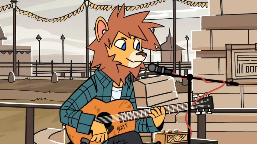 anthro black_bottomwear black_clothing black_pants blue_clothing blue_eyes blue_shirt blue_topwear bottomwear clothed clothing cloud detailed_background electronics fully_clothed fur grass guitar hair happy lamp lantern male mane microphone musical_instrument orange_hair orange_mane outside pants plant plucked_string_instrument shirt sitting sky smile solo string_instrument tail tail_tuft topwear tuft white_clothing white_shirt white_topwear yellow_body yellow_fur kaleidocollie scratch21 matt_(scratch21) felid lion mammal pantherine 2023 digital_drawing_(artwork) digital_media_(artwork)