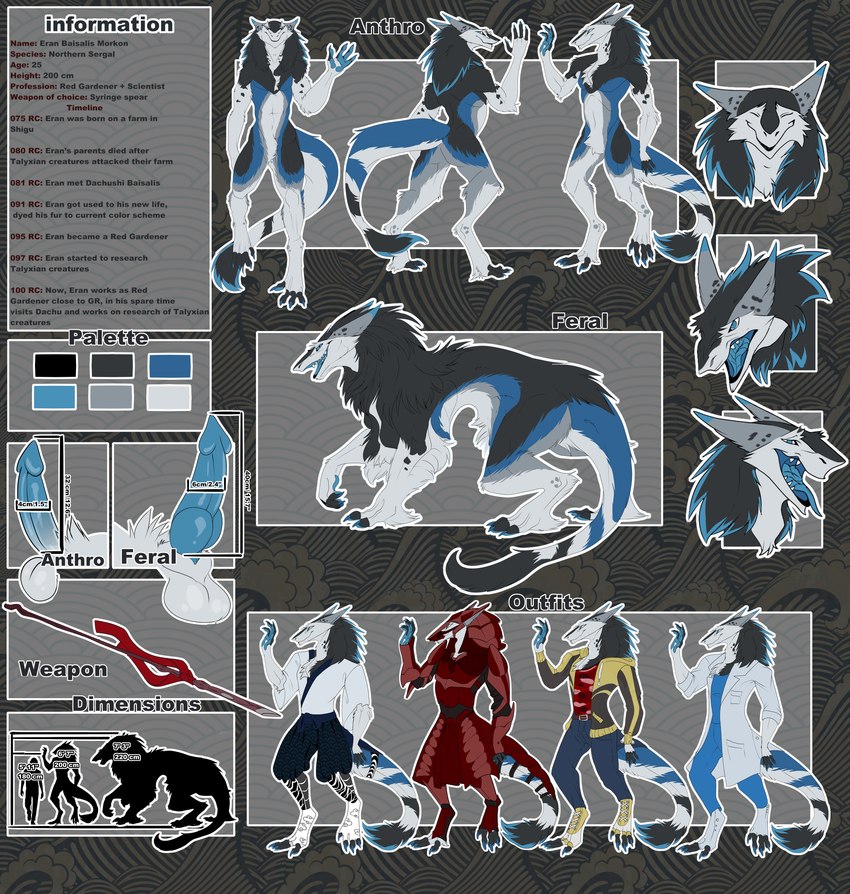 4_fingers 4_toes angry anthro armor balls black_clothing blue_body blue_claws blue_clothing blue_eyes blue_fur blue_mane blue_pawpads blue_penis blue_tail blue_tongue casual_clothing claws clothing coat eyes_closed feet feral fingers fur gas_mask genitals grey_body grey_fur grey_mane grey_tail happy knot lab_coat looking_at_viewer male mane mask measurements melee_weapon multicolored_body multicolored_clothing multicolored_fur multicolored_mane multicolored_tail open_mouth pawpads penis polearm pupils red_armor red_clothing simple_background slit_pupils solo spear syringe_spear tail tail_tuft text toes tongue topwear tuft two_tone_mane weapon white_balls white_body white_clothing white_fur white_tail yellow_clothing omez vilous eran_morkon sergal 2022 absurd_res english_text flat_colors hi_res model_sheet