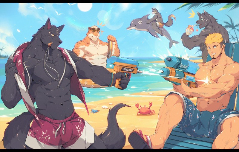 abs anthro beach biceps bikini bottomwear clothed clothing eyewear fur group hair kemono male muscular muscular_male nipples outside pecs seaside sky summer sunglasses swimwear topless two-piece_swimsuit tengo canid canine canis cetacean dolphin felid human mammal marine oceanic_dolphin pantherine tiger toothed_whale wolf 2019 digital_media_(artwork) hi_res