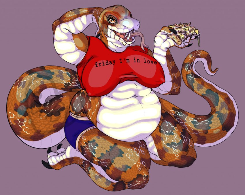 anthro belly big_belly big_breasts breasts clothed clothing crop_top eating female food kneeling nipple_outline overweight overweight_female pineapple_pizza pizza sagging_breasts shirt simple_background skimpy solo t-shirt topwear eidoloneerie the_cure lamis_(cokotheschnoot) colubrid kingsnake lampropeltini reptile scalie snake