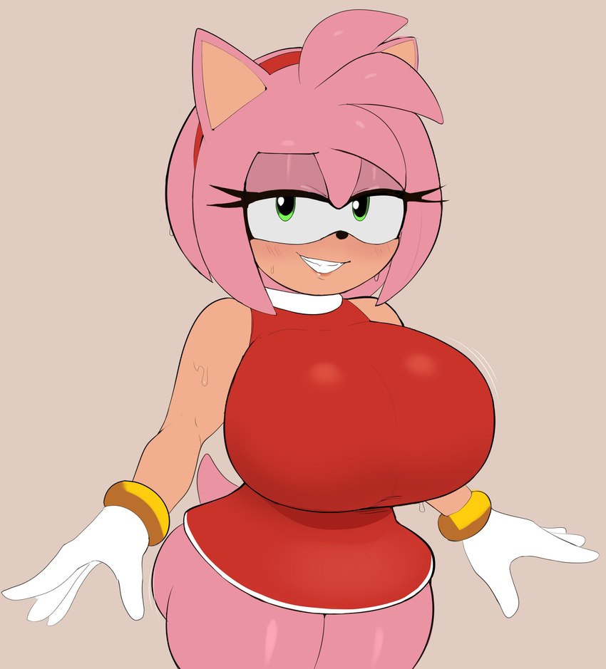 anthro big_breasts black_nose bodily_fluids bracelet breasts clothed clothing female fingers gloves gold_(metal) gold_bracelet gold_jewelry green_eyes handwear huge_breasts jewelry looking_at_viewer pink_body solo sweat tail white_clothing white_gloves white_handwear g3mma sega sonic_the_hedgehog_(series) amy_rose eulipotyphlan hedgehog mammal 2024 absurd_res hi_res