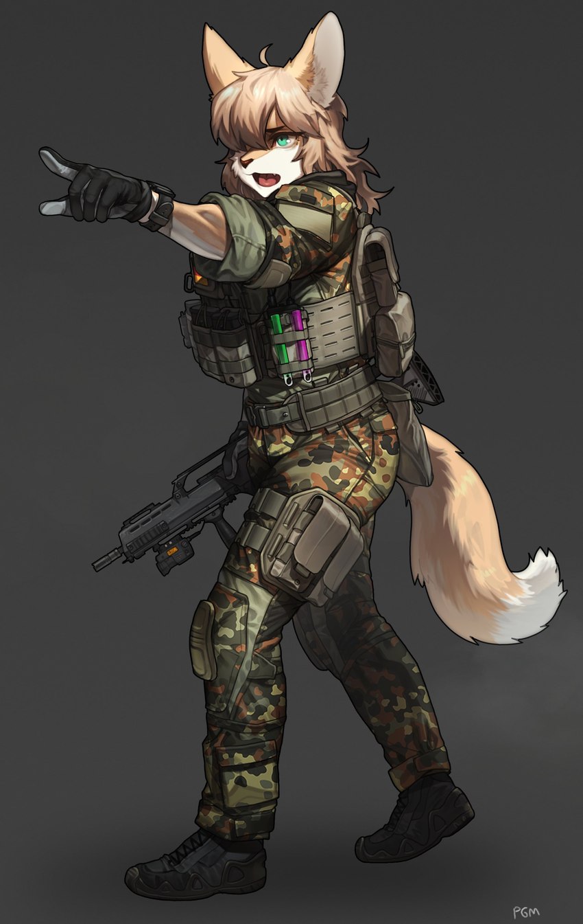 anthro assault_rifle boots bulletproof_vest camo clothing dipstick_tail eyebrows eyelashes female flecktarn footwear fur g36 g36k german german_flag germany gesture gun hair hair_over_eye hand_gesture inner_ear_fluff ksk long_hair markings one_eye_obstructed pointing ranged_weapon rifle shoes solo tail tail_markings tan_body tan_fur tan_hair teal_eyes tongue tuft uniform weapon pgm300 bundeswehr canid canine fox mammal 2021 absurd_res digital_media_(artwork) hi_res shaded