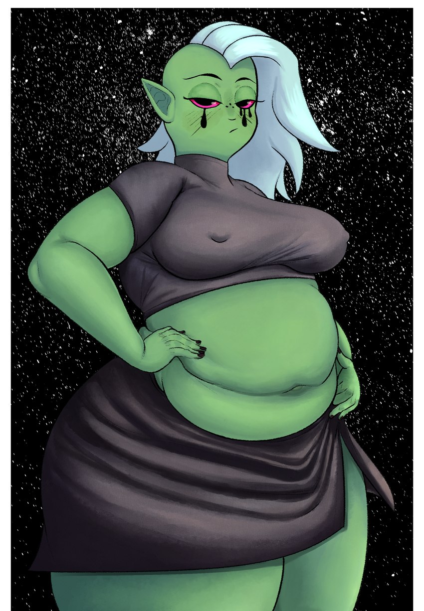 anthro big_breasts bottomwear breasts clothed clothing eyebrows female fingers freckles green_body green_skin hair humanoid_pointy_ears long_hair looking_at_viewer narrowed_eyes navel nipple_outline not_furry overweight overweight_anthro overweight_female pink_sclera pointy_ears solo standing thick_thighs topwear white_hair zimiarts disney wander_over_yonder lord_dominator alien alien_humanoid humanoid absurd_res hi_res