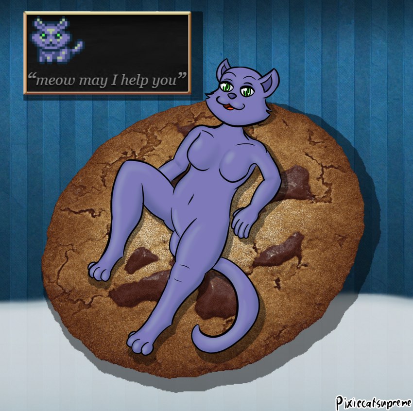 anthro blue_body blue_fur blue_nose cookie female femboy food fur green_eyes lying milk on_back smile text_box pixiecatsupreme cookie_clicker domestic_cat felid feline felis mammal