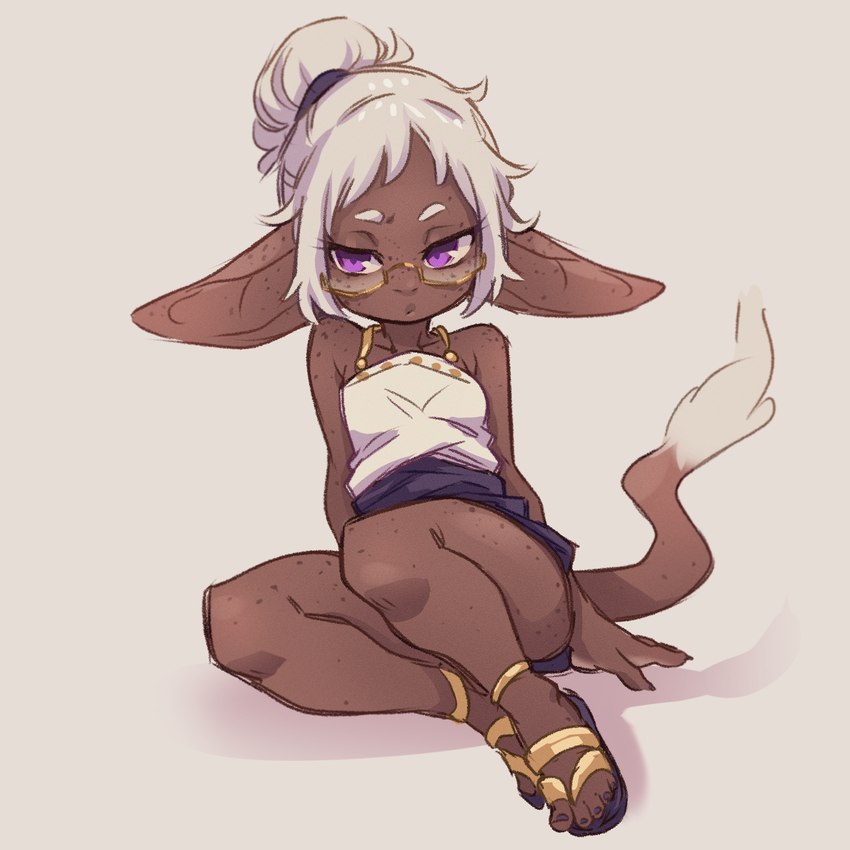 big_ears bottomwear brown_body brown_skin clothing dark_body dark_skin eyewear female footwear freckles glasses hair hair_bun light_hair long_ears purple_eyes pursed_lips sandals shoes sitting skirt sleeveless_shirt solo tail tail_fur tail_tuft tuft white_hair tateoftot gobi_(tateoftot) goblin humanoid tailed_humanoid 1:1 hi_res