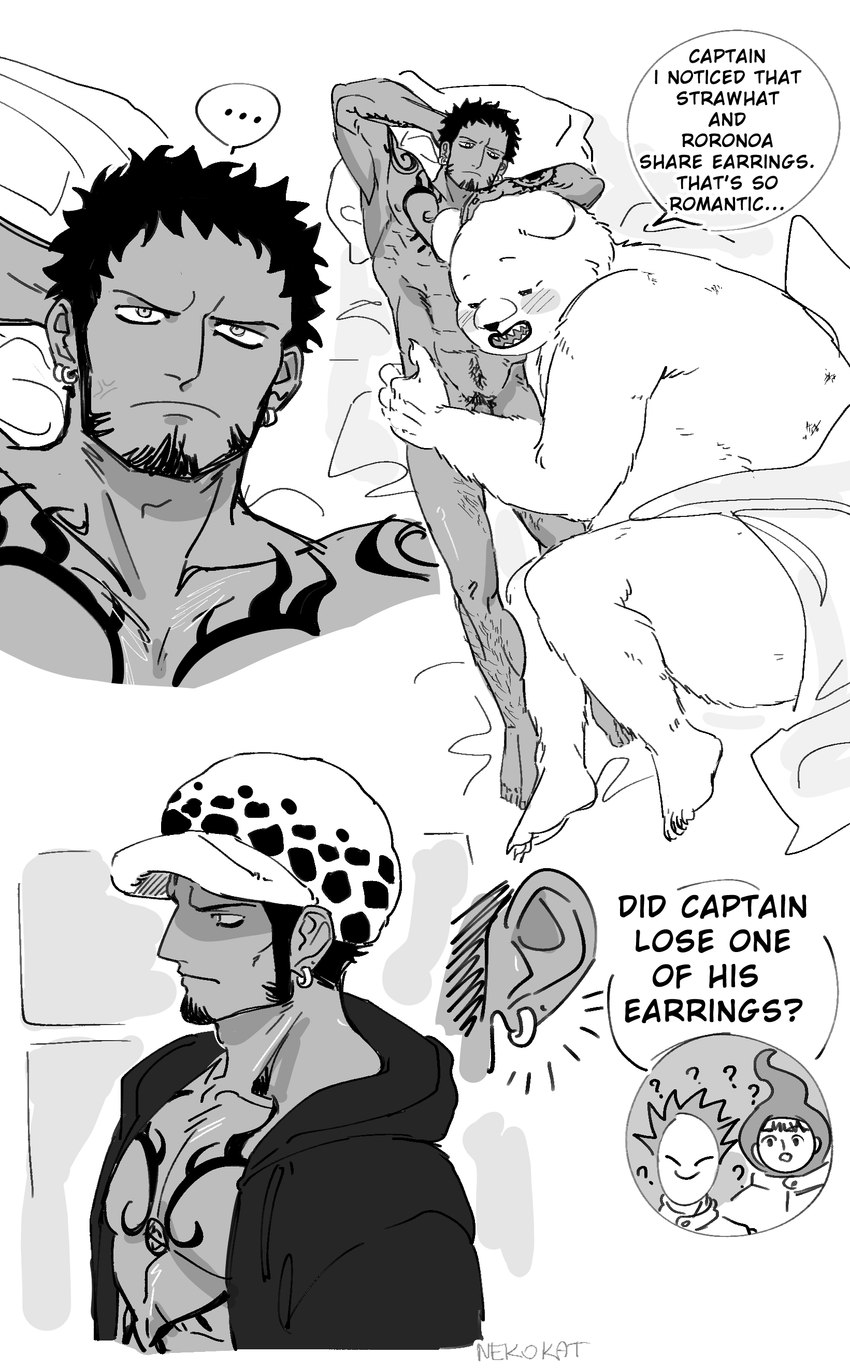 anthro blush blush_lines body_hair clothing cuddling dialogue duo ear_piercing ear_ring facial_hair genitals hat headgear headwear leg_hair male male/male muscular muscular_male nude open_mouth open_smile pawpads penis piercing pubes ring_piercing size_difference smile text nekokat42 one_piece bepo_(one_piece) trafalgar_law bear human mammal polar_bear ursine absurd_res comic english_text greyscale hi_res monochrome