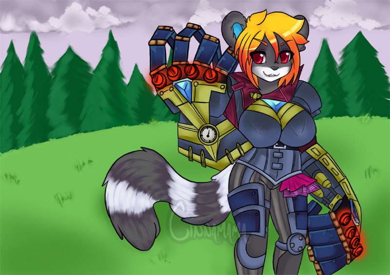 anthro armor blonde_hair breasts cosplay female hair machine military outside plant power_armor red_eyes soldier solo tree warrior cinnamama league_of_legends riot_games tencent breya vi_(lol) lemur mammal primate strepsirrhine watermark