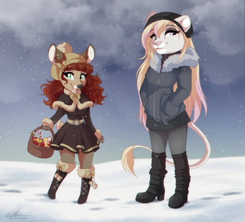 anthro clothed clothing duo eyebrows eyelashes female green_eyes open_mouth smile teeth tongue dvixie reina_(dennyvixen) deer felid lion mammal pantherine 2019 digital_media_(artwork) hi_res