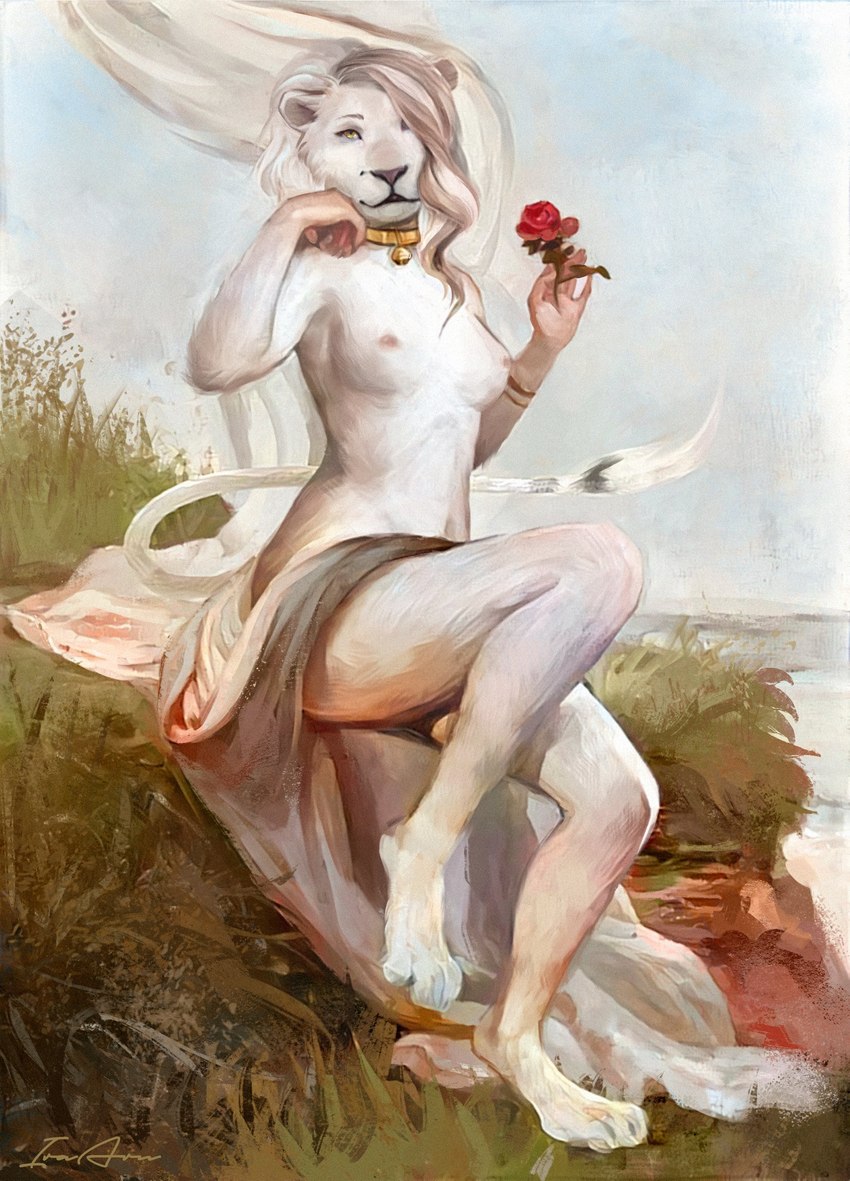 anthro bell bell_collar biped breasts collar detailed_background eyebrows female flower fur grass hair hair_over_eye holding_flower holding_object long_hair nipples one_eye_obstructed outside plant sitting sky solo white_body white_fur ira-arn felid lion mammal pantherine 2020 absurd_res hi_res