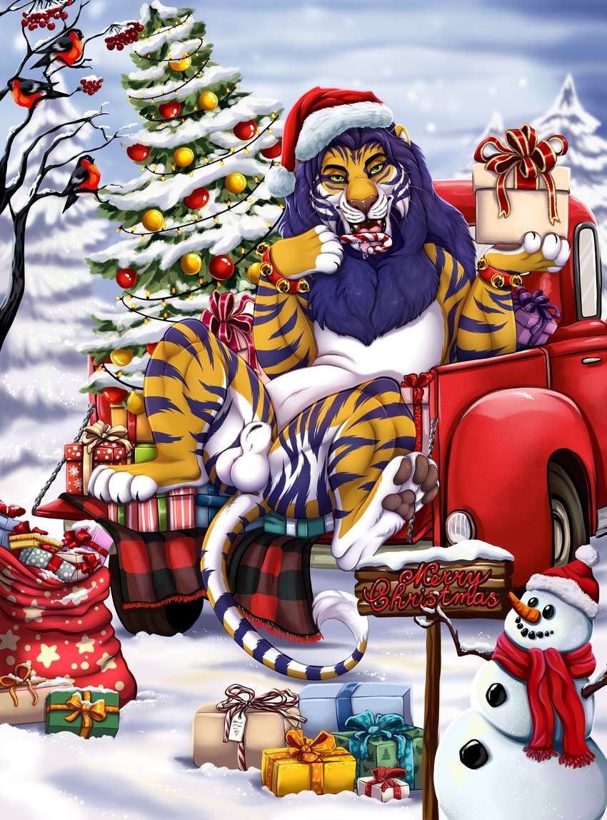 ball balls car christmas_tree feral fur furniture genitals holidays male motor_vehicle nude nudist outside plant sky snow snowman solo tree vehicle xtreme3246 christmas microsoft the_elder_scrolls kovu_muabdib felid hybrid khajiit liger mammal pantherine tiger absurd_res hi_res