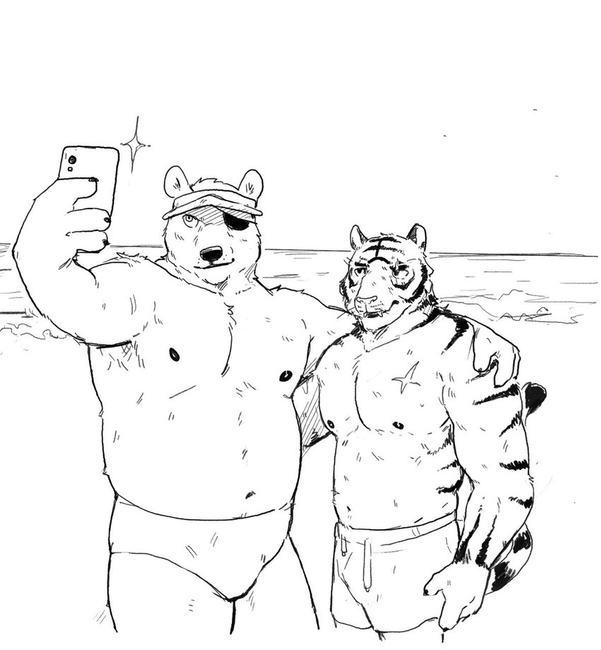 anthro arm_around_shoulders clothing duo electronics eye_patch eyewear male musclegut muscular muscular_anthro muscular_male overweight overweight_anthro overweight_male phone scar selfie speedo standing swimming_trunks swimwear visor nukeyfox epic_games fortnite oscar_(fortnite) polar_patroller bear felid mammal pantherine polar_bear tiger ursine 2024 hi_res monochrome