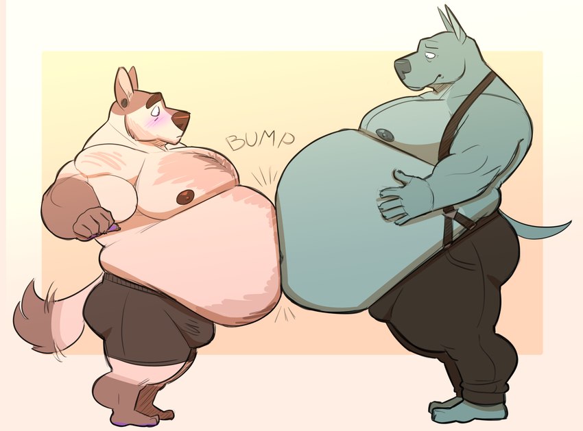 anthro belly belly_bump big_belly blush bottomwear brown_body bulge clothed clothing duo ear_piercing hand_on_belly male moobs muscular muscular_arms nipples obese obese_anthro obese_male overweight overweight_anthro overweight_male pants piercing shorts simple_background sound_effects suspenders tail text lizard_soup donovan_(lizard_soup) gus_(lizard_soup) canid canine canis domestic_dog mammal 2024 english_text hi_res