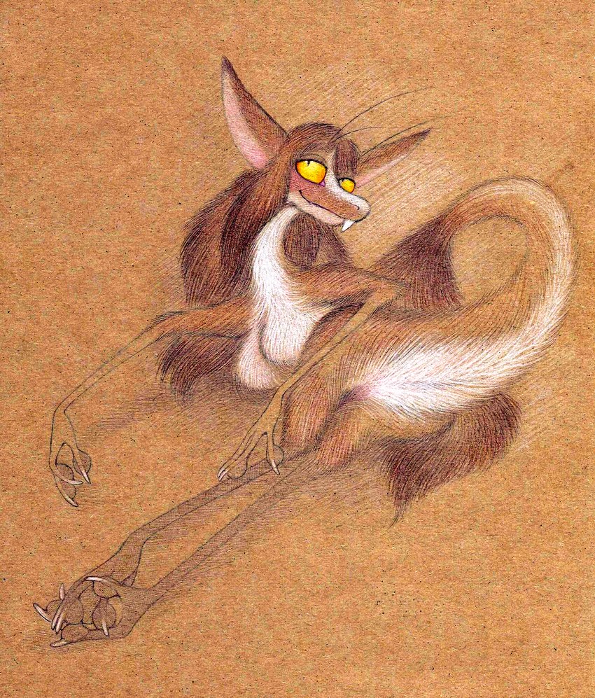 anthro blush breasts brown_body brown_fur brown_hair claws female fur hair looking_at_viewer lying on_side pawpads pupils simple_background slit_pupils smile solo tail tail_tuft toe_claws tuft yellow_eyes yellow_sclera fuchs out-of-placers kassen_akoll mammal yinglet hi_res restricted_palette