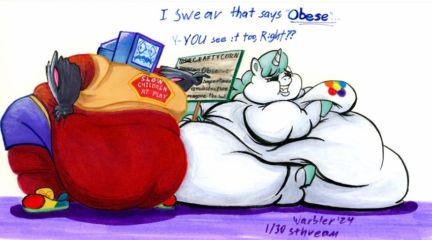 anthro duo female ill-fitting_clothes male morbidly_obese morbidly_obese_anthro morbidly_obese_female morbidly_obese_male obese obese_anthro obese_female obese_male overweight overweight_anthro overweight_female overweight_male sign text yellow-throated_warbler_(artist) hasbro mob_entertainment my_little_pony poppy_playtime smiling_critters craftycorn pyrocynical canid canine equid equine fox horse mammal pony absurd_res english_text hi_res