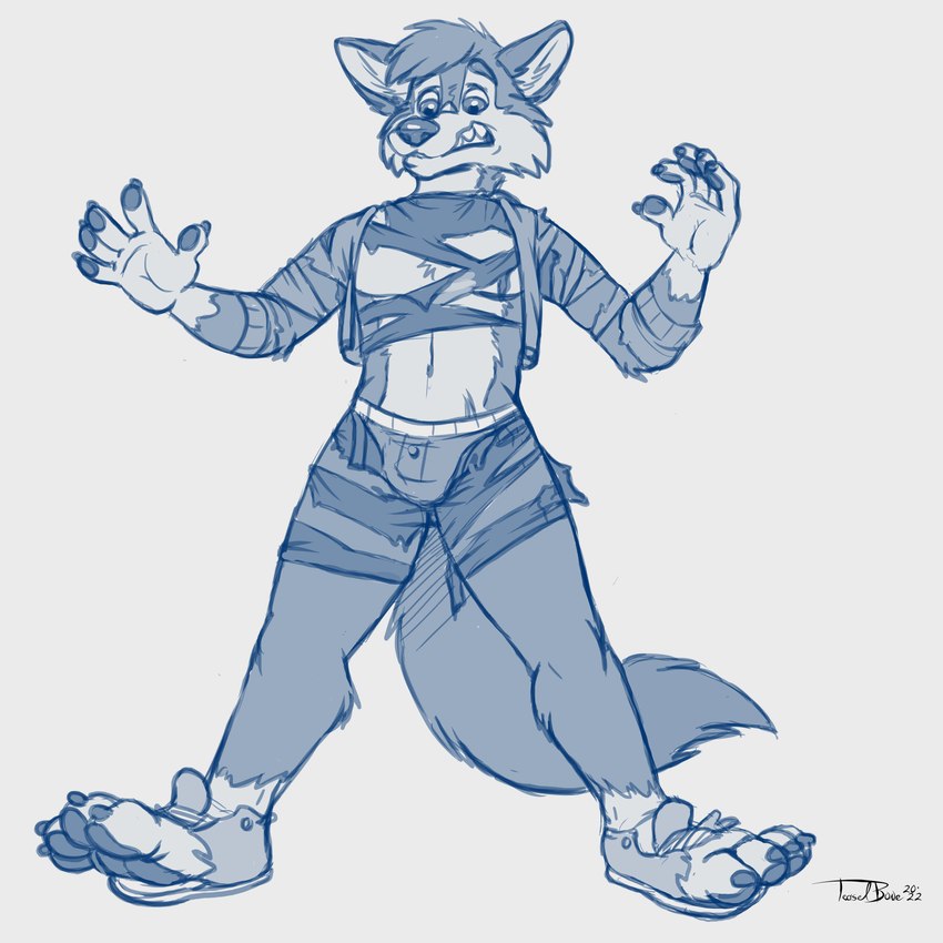 anthro body_size_growth boxers_(clothing) bulge button_boxers button_underwear clothed clothing fully_clothed male shocked size_transformation solo torn_clothing transformation underwear teaselbone canid canine fox mammal 1:1 absurd_res hi_res