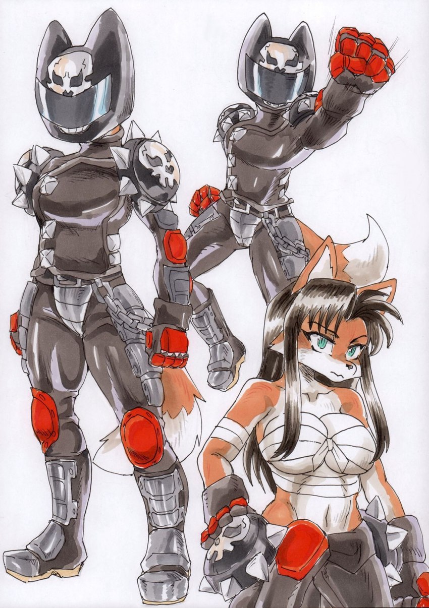 anthro armor black_hair breasts breasts_tied clothed clothing dipstick_tail female gloves hair handwear headgear helmet kemono markings multicolored_tail navel simple_background solo tail tail_markings white_background daigaijin capcom furryfight_chronicles rival_schools akira_kazama kalita_(furryfight_chronicles) canid canine fox mammal hi_res