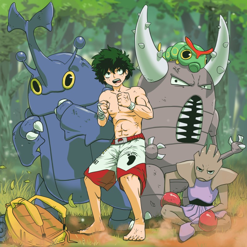 abs adolescent ambiguous_gender bag bottomwear boxing_gloves clothing detailed_background feral forest green_hair group hair handwear male muscular muscular_male muscular_young plant pokeball pose shorts standard_pokeball team_pose tree young young_ambiguous young_feral young_human young_male zeaw90 hajime_no_ippo my_hero_academia nintendo pokemon izuku_midoriya arthropod caterpie generation_1_pokemon generation_2_pokemon heracross hitmonchan human insect mammal pinsir pokemon_(species) 1:1 absurd_res hi_res