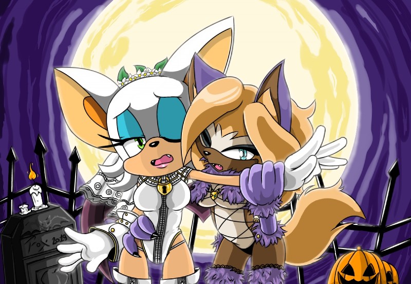 anthro bride candle clothed clothing cosplay duo fangs female food fruit holidays looking_at_viewer moon one_eye_closed plant pumpkin teeth tongue wings wink fox_gungrave fate_(series) halloween idw_publishing sega sonic_the_hedgehog_(comics) sonic_the_hedgehog_(idw) sonic_the_hedgehog_(series) type-moon mash_kyrielight nero_claudius_(fate) rouge_the_bat whisper_the_wolf bat canid canine canis mammal wolf