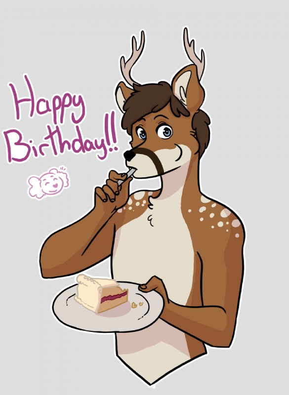 anthro blue_eyes brown_body brown_fur brown_hair cake dessert food fur hair horn kitchen_utensils male plate simple_background solo tools white_body white_fur ethriol tzarious deer mammal new_world_deer white-tailed_deer hi_res