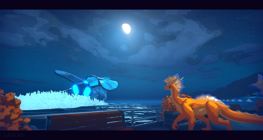 ambiguous_gender cloud feral fin frill_(anatomy) head_crest light moon moonlight night orange_body orange_scales outside pier scales science_fiction sea sky solo spacecraft standing star tail tail_fin vehicle water laslwo mythology sal_(laslwo) aquatic_dragon dragon marine mythological_creature mythological_scalie scalie wingless_dragon 3d_(artwork) digital_media_(artwork) hi_res letterbox