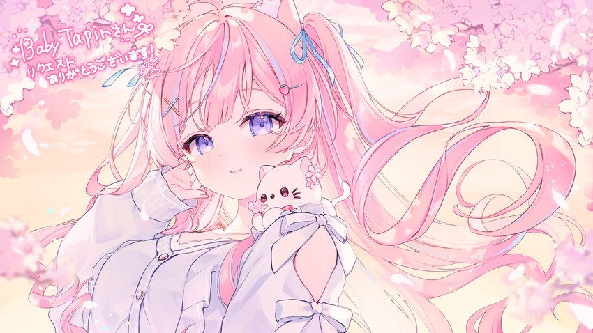 alternative_fashion ambiguous_gender bangs blush bow_blouse bow_tie breasts cherry_blossom duo female feral flower fur hair j-fashion jirai_kei petals pink_hair plant prunus_(flower) purple_eyes smile tail text twintails_(hairstyle) white_blouse white_body white_bow white_fur komomo2899 vtuber ena_itigori animal_humanoid cat_humanoid domestic_cat felid felid_humanoid feline feline_humanoid felis humanoid mammal mammal_humanoid hi_res japanese_text pink_theme translated