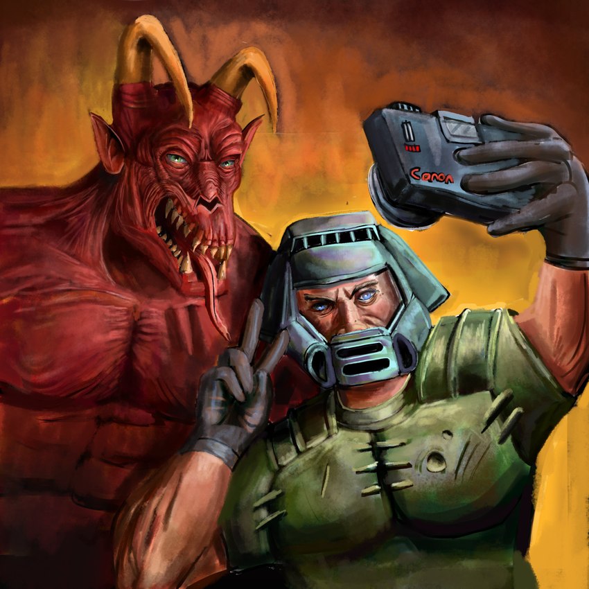 5_fingers abs abstract_background anterior_nasal_aperture armor big_nose blue_eyes brown_eyebrows camera caucasian clothed clothing curved_horn duo eyebrows fangs fingers gesture green_armor green_eyes hand_gesture holding_camera holding_object horn horned_head looking_at_viewer male muscular muscular_chest muscular_male open_mouth pointy_ears selfie shadow sharp_teeth sleeveless_clothing teeth thin_tongue tongue tongue_out topless topless_male v_sign wearing_gloves wearing_helmet yellow_teeth pixel_axel doom_(series) id_software microsoft doom_slayer baron_of_hell human mammal 1:1 2024 absurd_res digital_media_(artwork) digital_painting_(artwork) half-length_portrait hi_res painting_(artwork) portrait