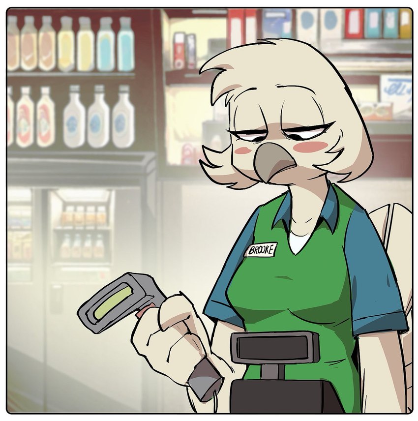 anthro beak border breasts cashier clothed clothing eyebrows female fingers holding_object non-mammal_breasts solo white_border yoelrabbit brooke_(simplifypm) avian bird hi_res