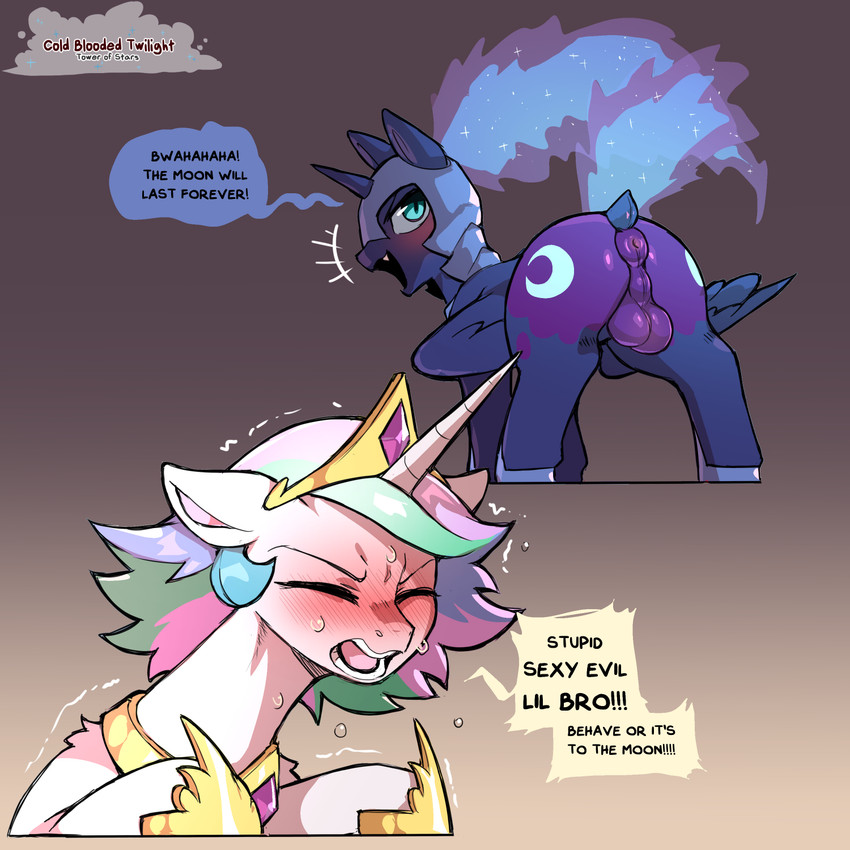 anus armor backsack balls black_text blush blush_lines bodily_fluids butt clothing crossgender crown cute_fangs cutie_mark dialogue duo eyes_closed fangs feral footwear fur genitals gradient_background hair headgear hooves horn logo looking_back male male/male mane multicolored_hair multicolored_mane open_mouth puffy_anus shaking simple_background speech_bubble sweat tail teal_eyes teeth text tremble_lines trembling white_body white_fur wings cold-blooded-twilight friendship_is_magic hasbro my_little_pony mythology princess_celestia_(mlp) princess_luna_(mlp) equid equine mammal mythological_creature mythological_equine winged_unicorn 1:1 2026 artist_logo artist_name english_text hi_res sibling_(lore)